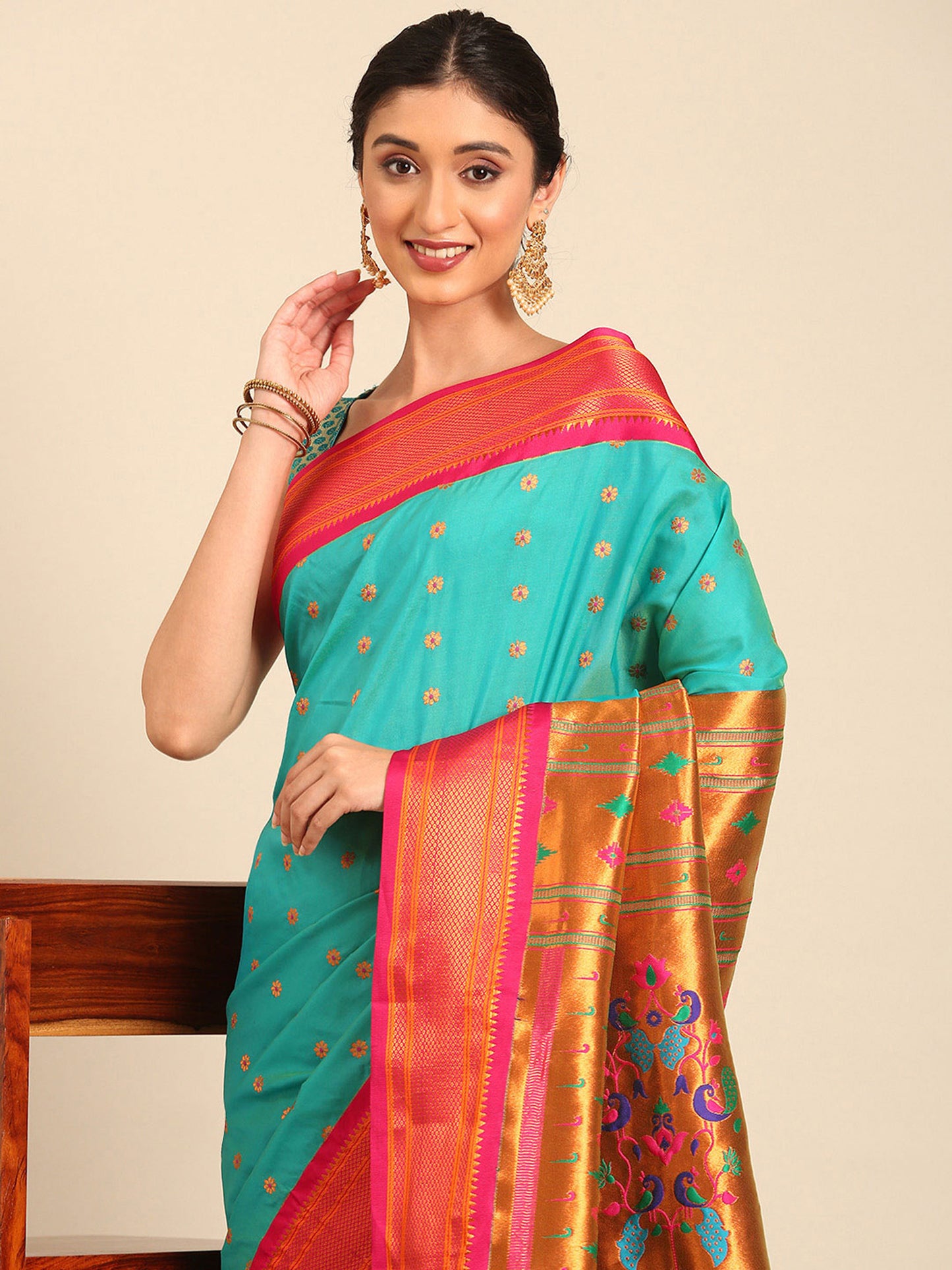 Gopi Chintamani & Pink Soft Silk Fancy Pallu Paithani Saree