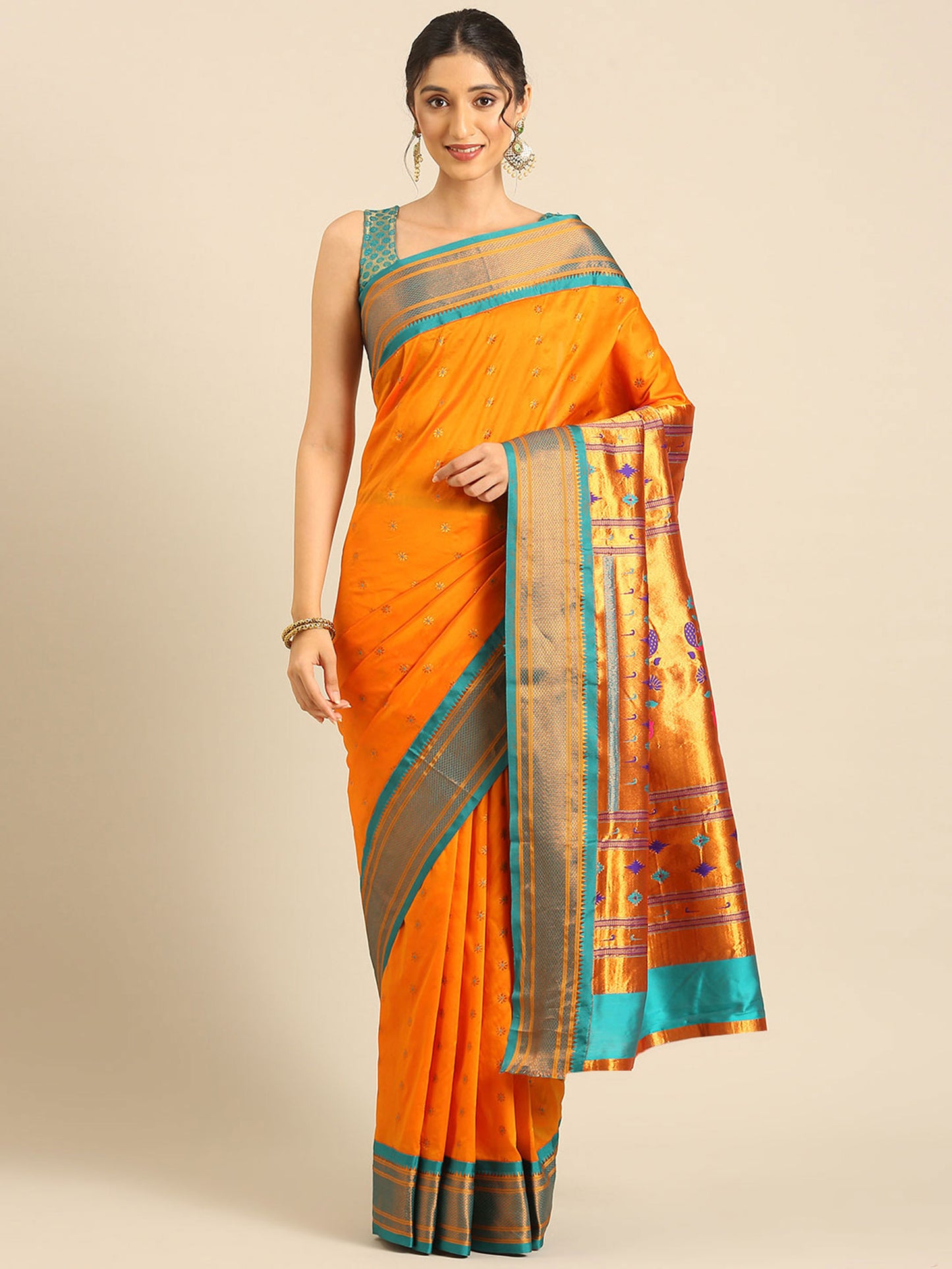 Muniya Paithani Saree Silk Blend with Zari Border and Peacock Pallu, Bridal, Festive ready, 5.5 Meter | Gopi Orange & Rama