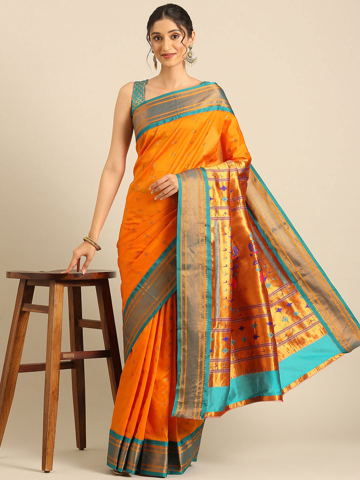 Muniya Paithani Saree Silk Blend with Zari Border and Peacock Pallu, Bridal, Festive ready, 5.5 Meter | Gopi Orange & Rama