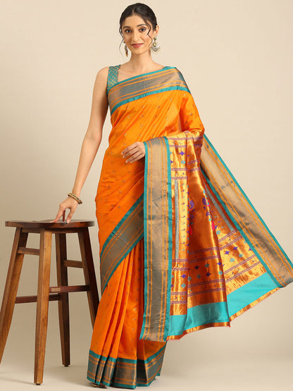 Muniya Paithani Saree Silk Blend with Zari Border and Peacock Pallu, Bridal, Festive ready, 5.5 Meter | Gopi Orange & Rama