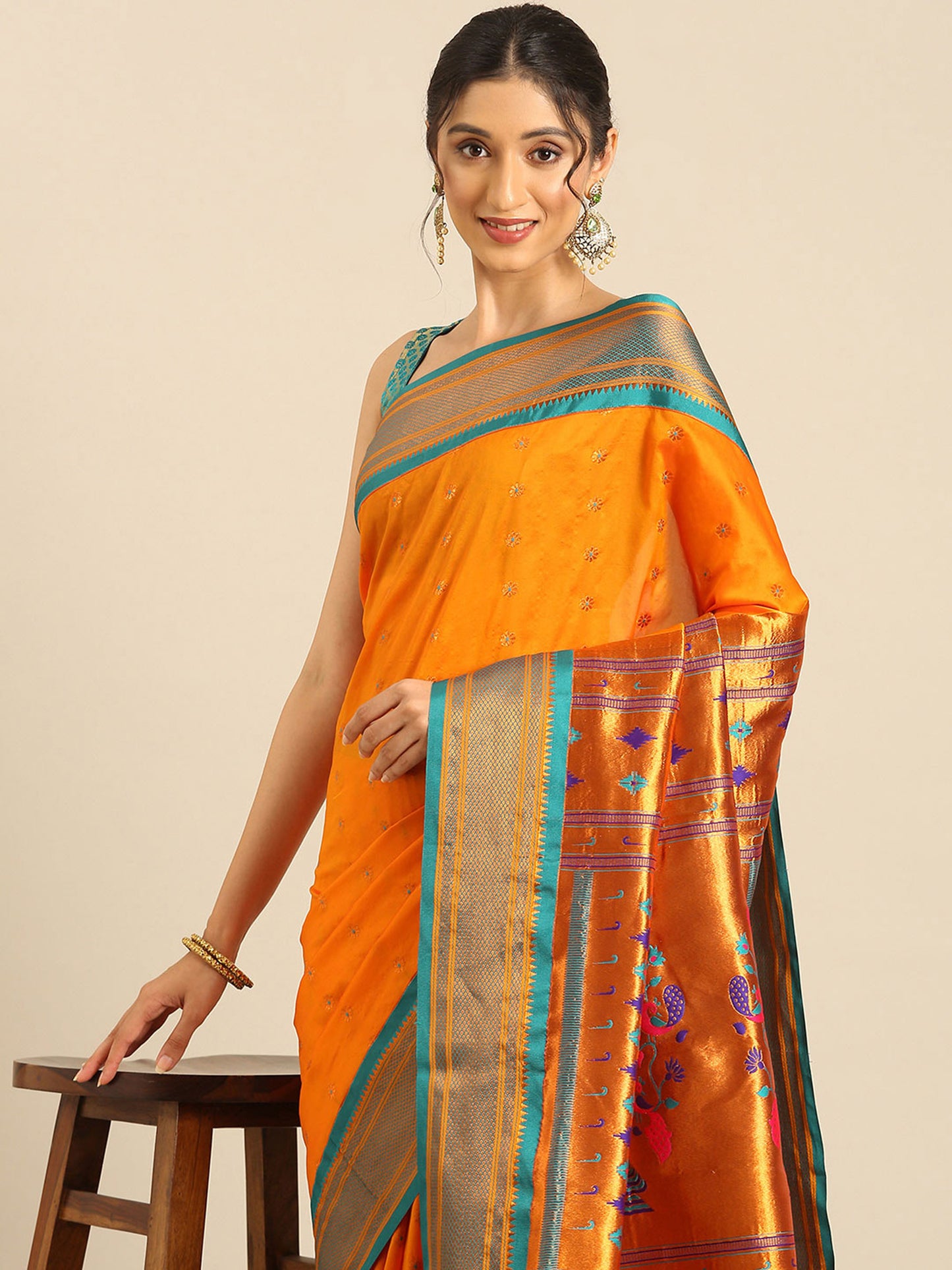 Muniya Paithani Saree Silk Blend with Zari Border and Peacock Pallu, Bridal, Festive ready, 5.5 Meter | Gopi Orange & Rama