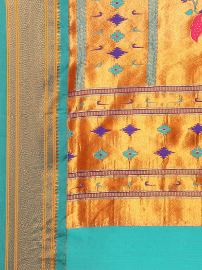 Muniya Paithani Saree Silk Blend with Zari Border and Peacock Pallu, Bridal, Festive ready, 5.5 Meter | Gopi Orange & Rama