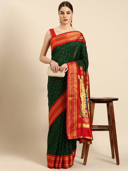 Rashmika Bottle Green & Red Soft Silk Double Pallu Paithani Saree