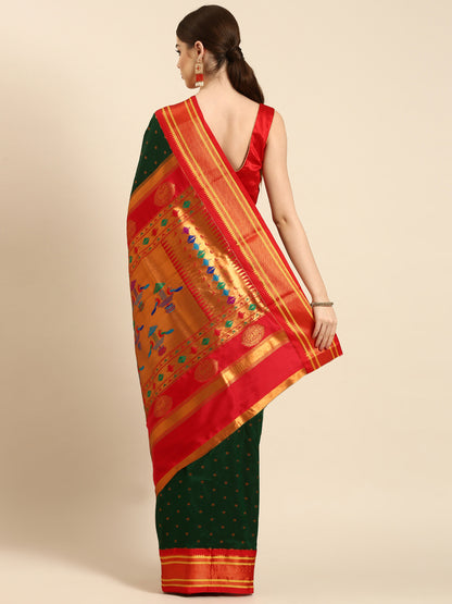 Rashmika Bottle Green & Red Soft Silk Double Pallu Paithani Saree