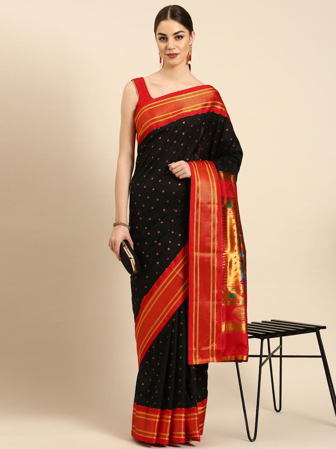            Rashmika Black & Red Soft Silk Double Pallu Paithani Saree     Varkala Silk Sarees