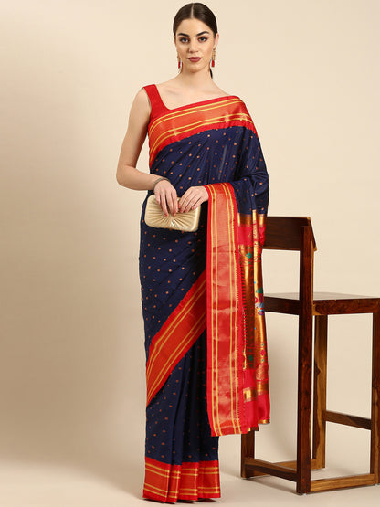 Rashmika Navy Blue & Red Soft Silk Double Pallu Paithani Saree