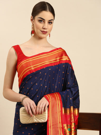 Rashmika Navy Blue & Red Soft Silk Double Pallu Paithani Saree