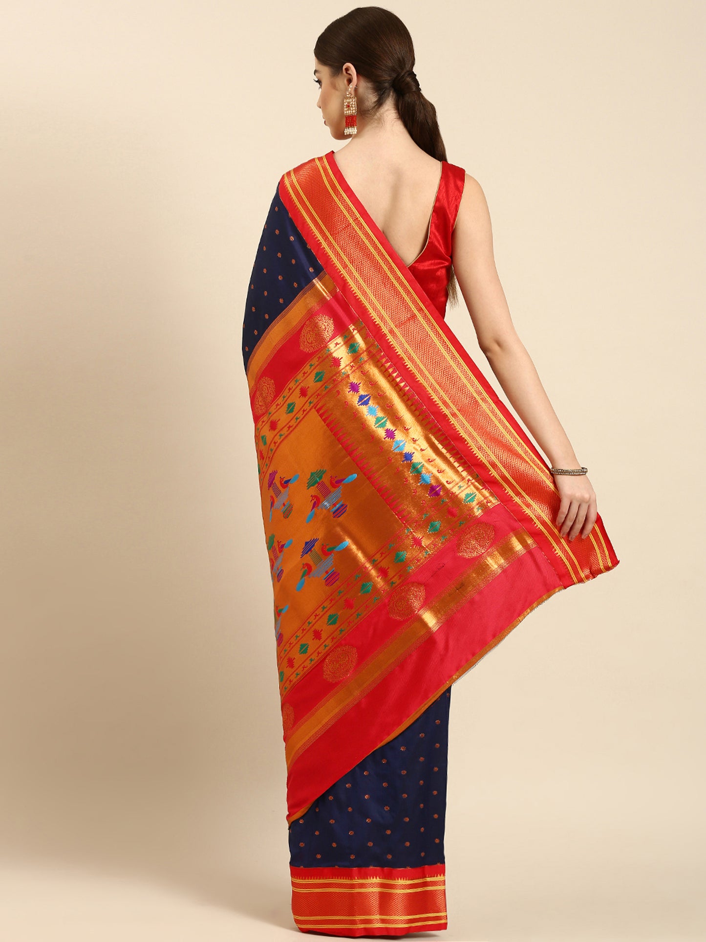 Rashmika Navy Blue & Red Soft Silk Double Pallu Paithani Saree