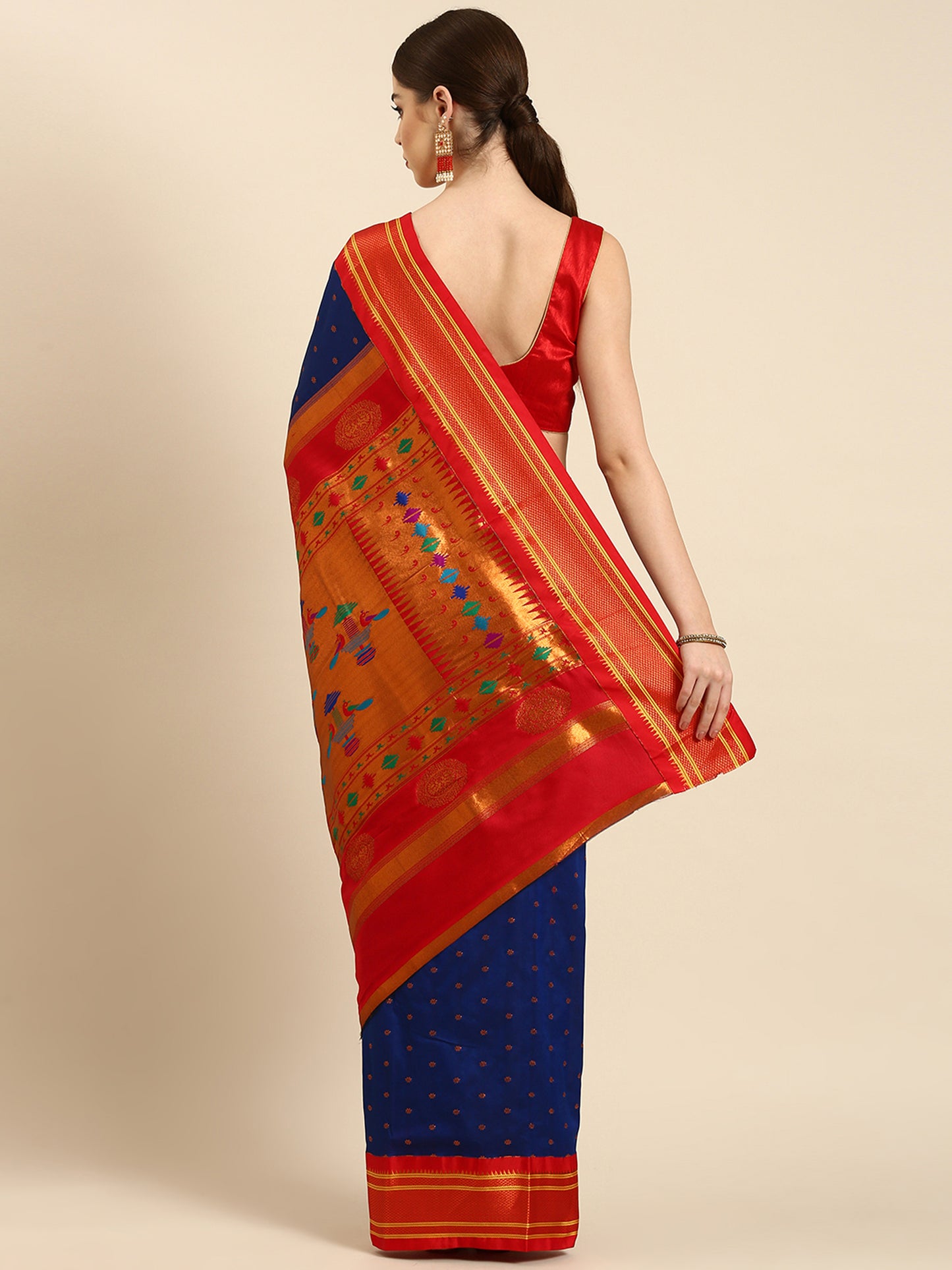 Rashmika Royal Blue & Red Soft Silk Double Pallu Paithani Saree