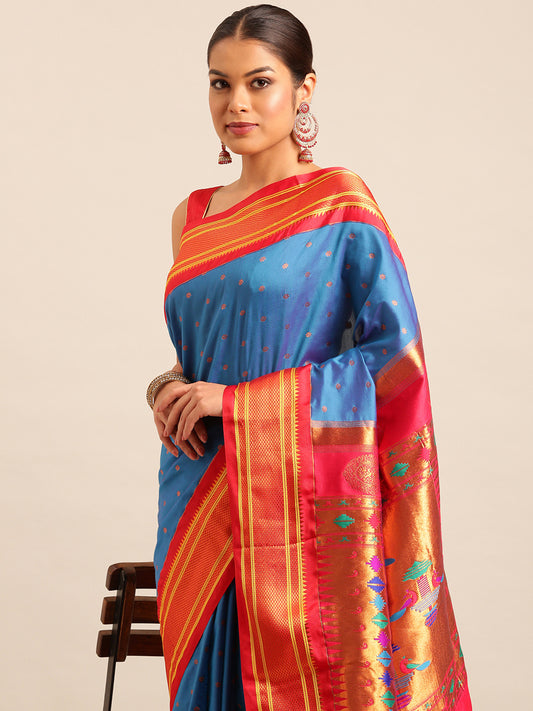 Rashmika Firozi & Red Soft Silk Double Pallu Paithani Saree