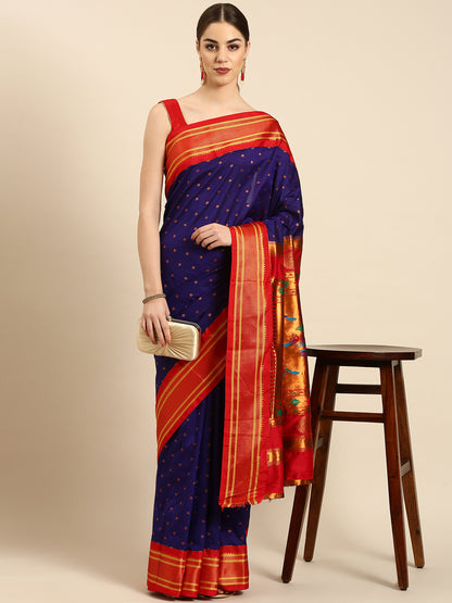 Rashmika Indigo Blue & Red Soft Silk Double Pallu Paithani Saree