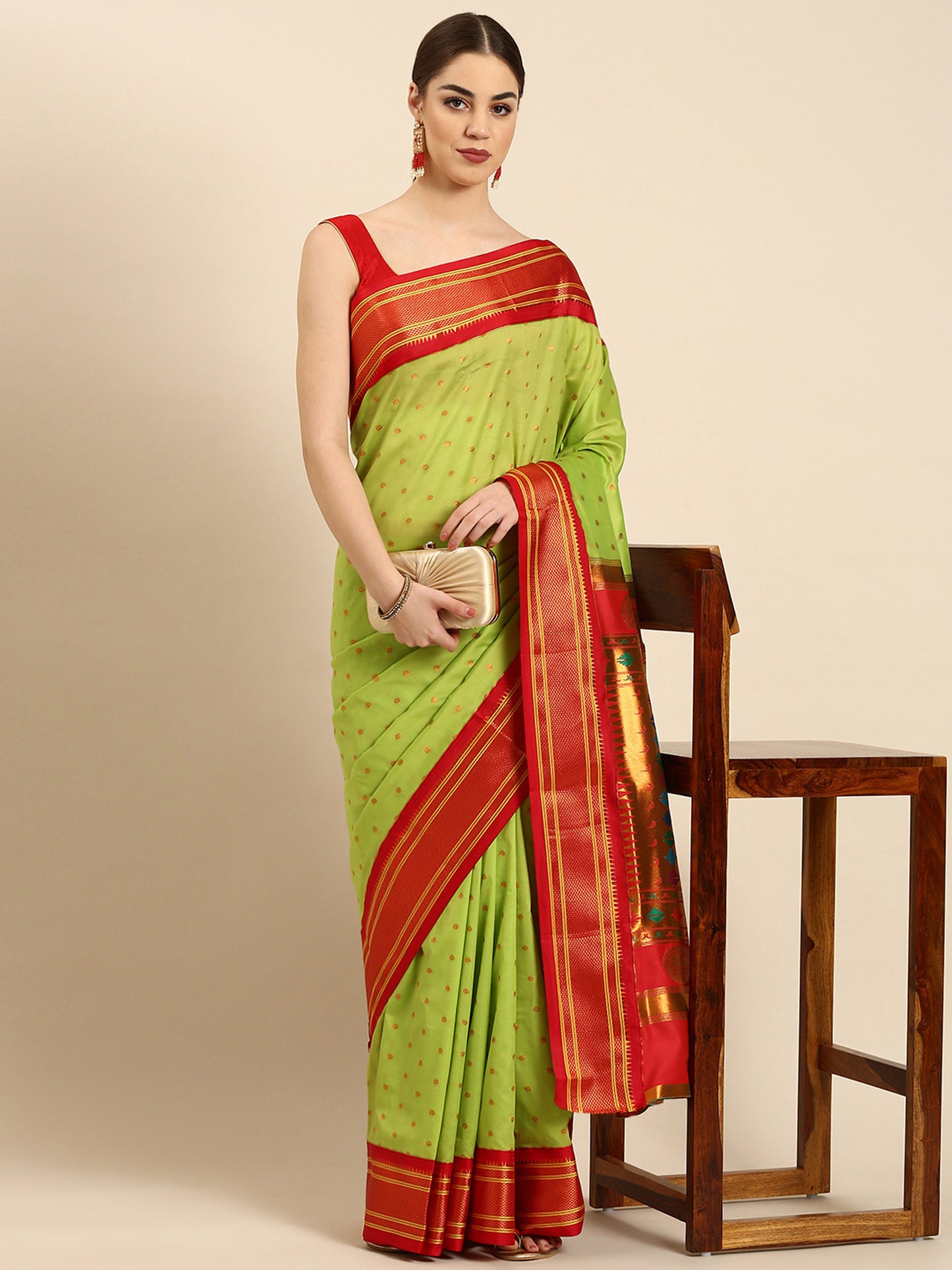 Rashmika Parrot Green & Red Soft Silk Double Pallu Paithani Saree