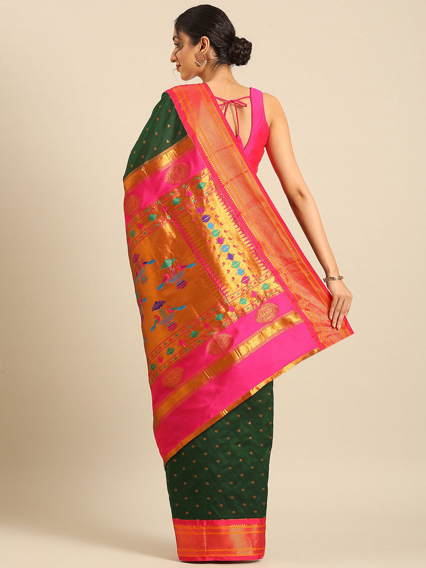 Rashmika Bottle Green & Pink Soft Silk Double Pallu Paithani Saree