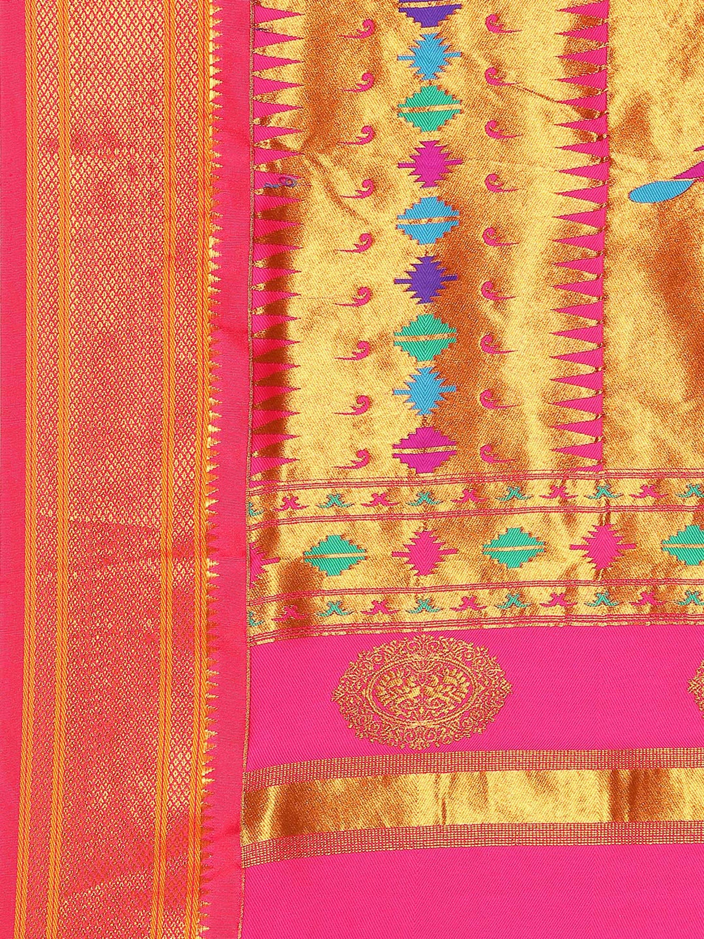 Rashmika Bottle Green & Pink Soft Silk Double Pallu Paithani Saree