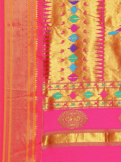Rashmika Bottle Green & Pink Soft Silk Double Pallu Paithani Saree