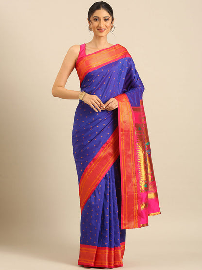 Rashmika Royal Blue & Pink Soft Silk Double Pallu Paithani Saree