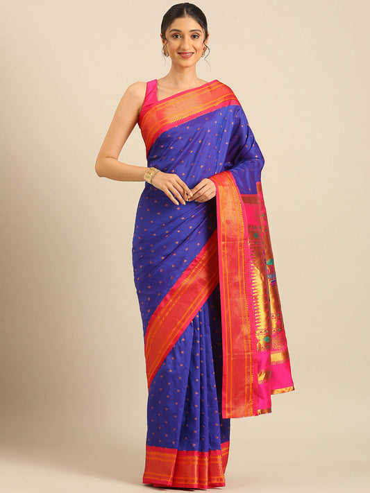 Rashmika Royal Blue & Pink Soft Silk Double Pallu Paithani Saree