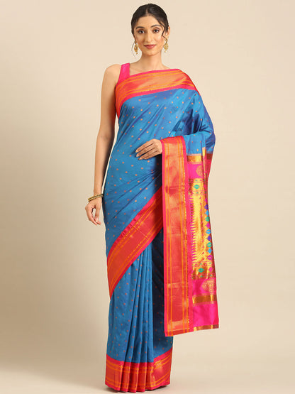 Rashmika Firozi & Pink Soft Silk Double Pallu Paithani Saree