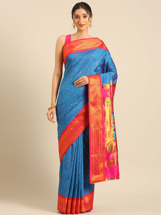 Rashmika Firozi & Pink Soft Silk Double Pallu Paithani Saree