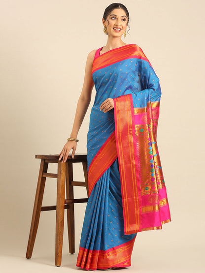 Rashmika Firozi & Pink Soft Silk Double Pallu Paithani Saree