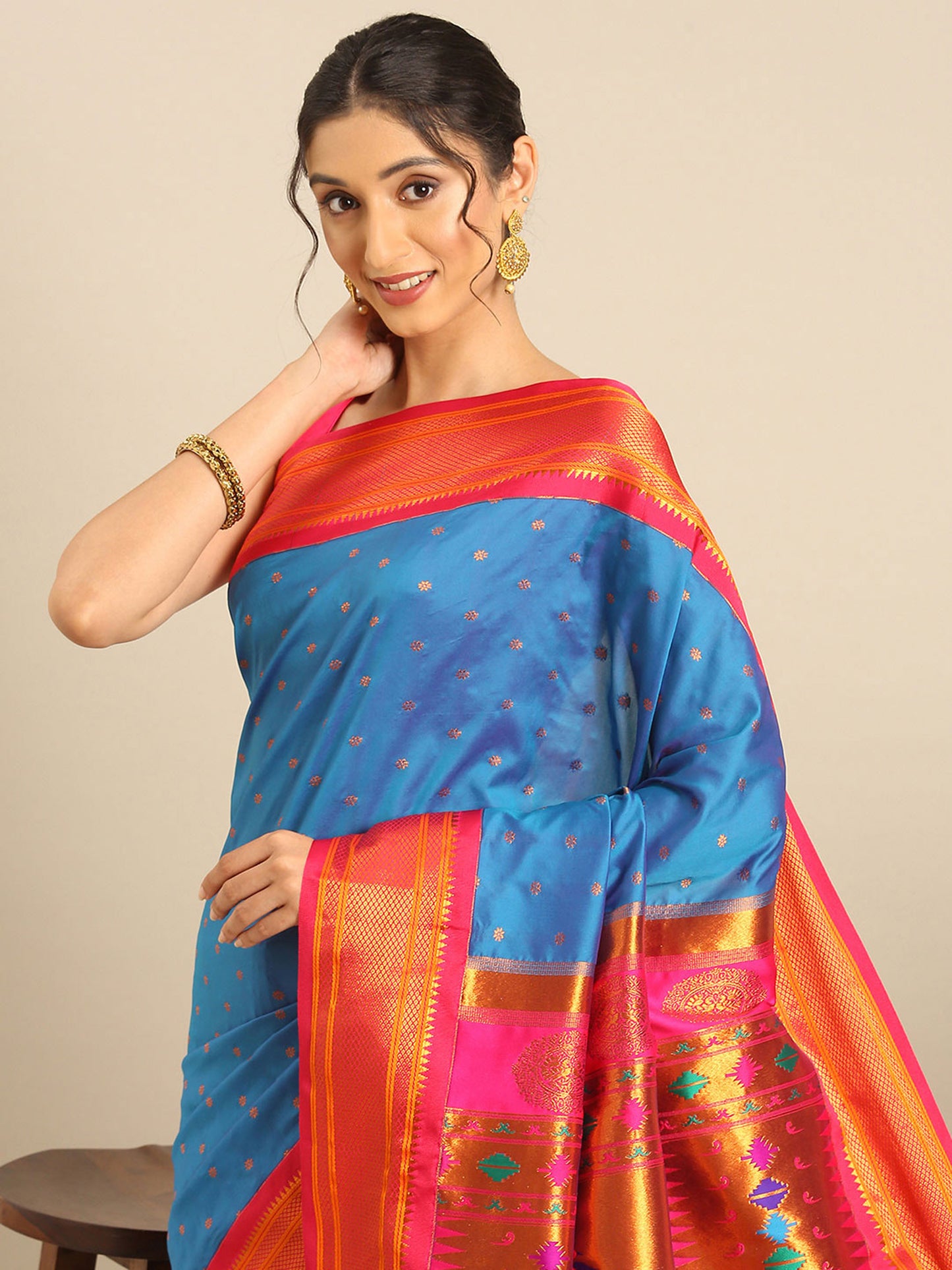 Rashmika Firozi & Pink Soft Silk Double Pallu Paithani Saree