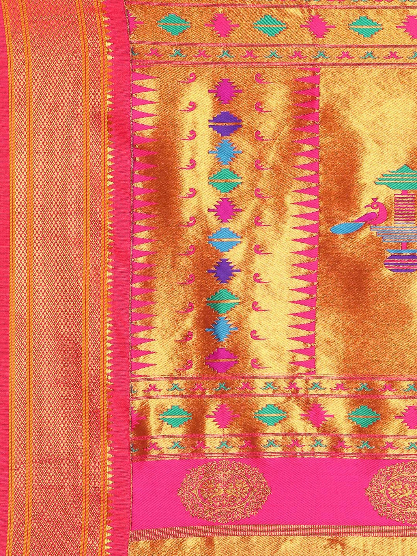 Rashmika Firozi & Pink Soft Silk Double Pallu Paithani Saree
