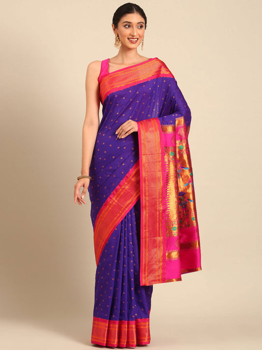Rashmika Indigo Blue & Pink Soft Silk Double Pallu Paithani Saree