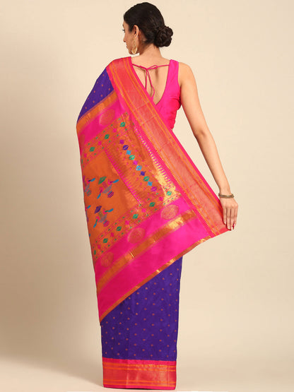 Rashmika Indigo Blue & Pink Soft Silk Double Pallu Paithani Saree