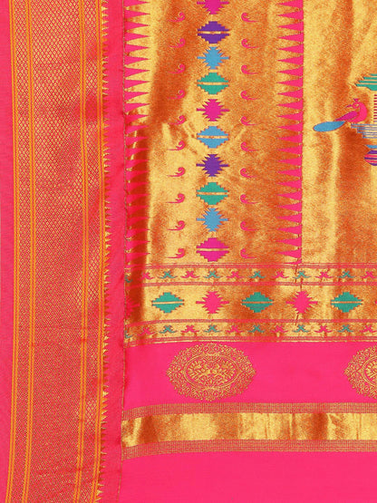 Rashmika Orange & Pink Soft Silk Double Pallu Paithani Saree