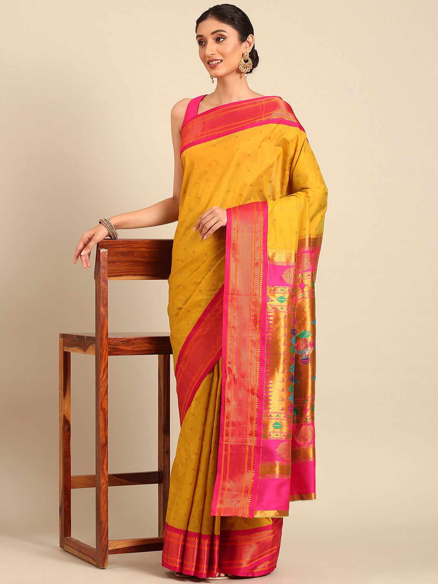 Rashmika Mustard & Pink Soft Silk Double Pallu Paithani Saree