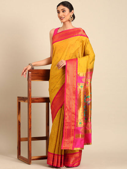 Rashmika Mustard & Pink Soft Silk Double Pallu Paithani Saree