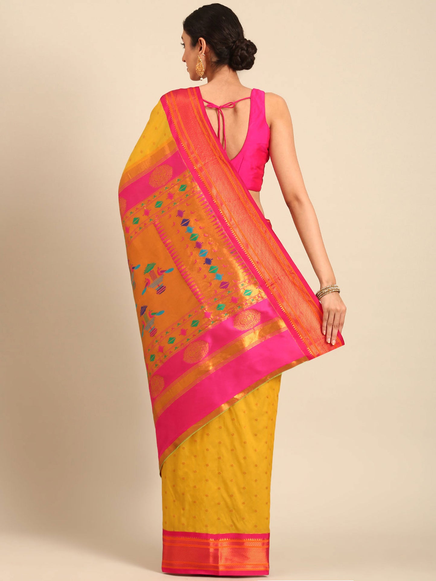 Rashmika Mustard & Pink Soft Silk Double Pallu Paithani Saree