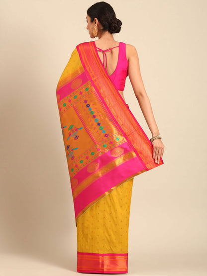 Rashmika Mustard & Pink Soft Silk Double Pallu Paithani Saree
