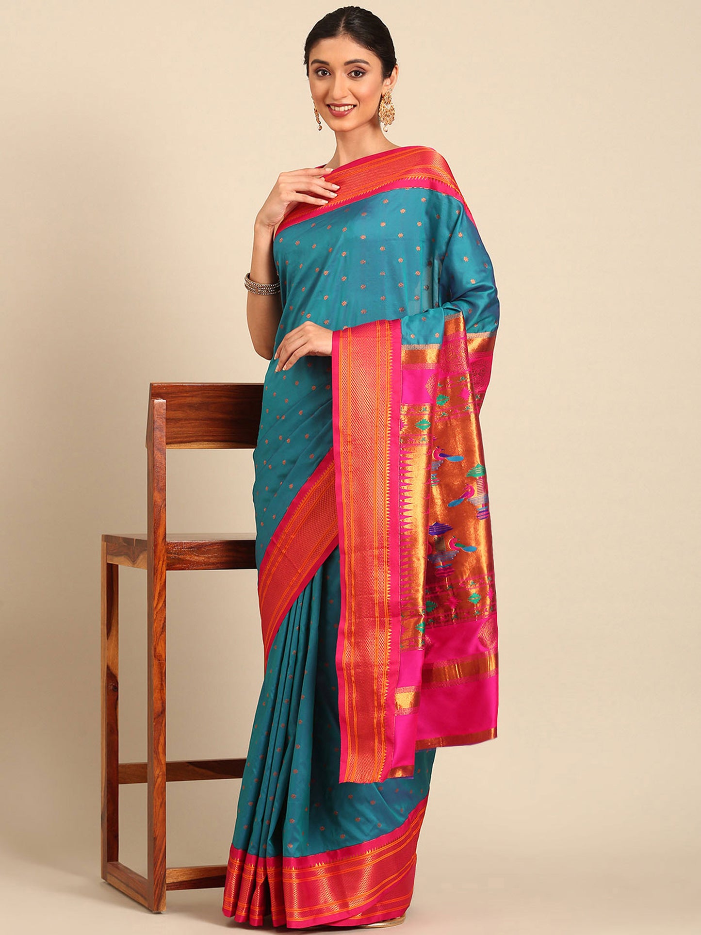 Rashmika Teal Blue & Pink Soft Silk Double Pallu Paithani Saree