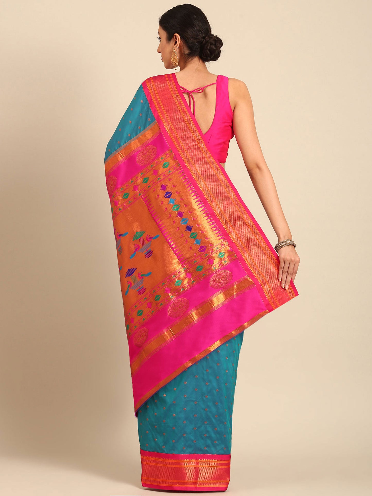 Rashmika Teal Blue & Pink Soft Silk Double Pallu Paithani Saree