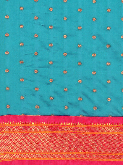Rashmika Teal Blue & Pink Soft Silk Double Pallu Paithani Saree