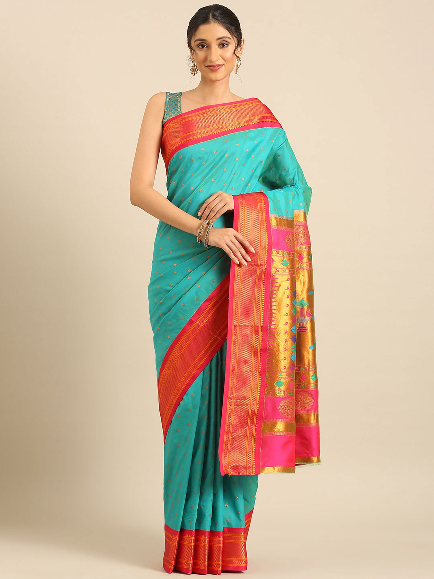 Rashmika Chintamani Blue & Pink Soft Silk Double Pallu Paithani Saree