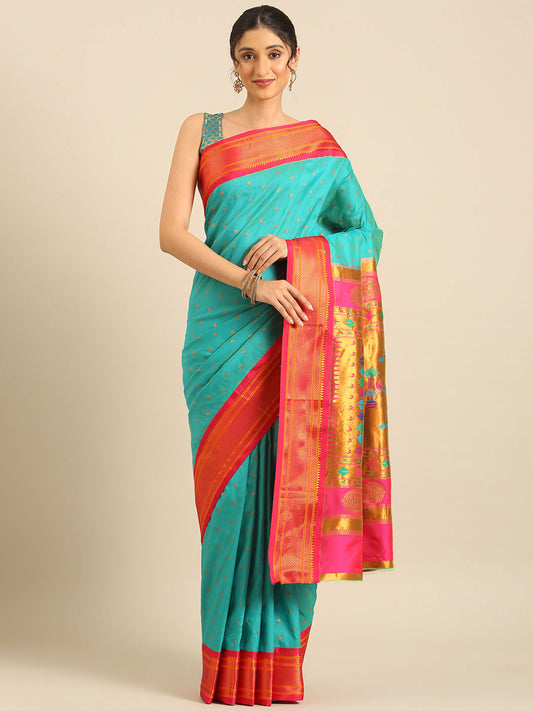 Rashmika Chintamani Blue & Pink Soft Silk Double Pallu Paithani Saree