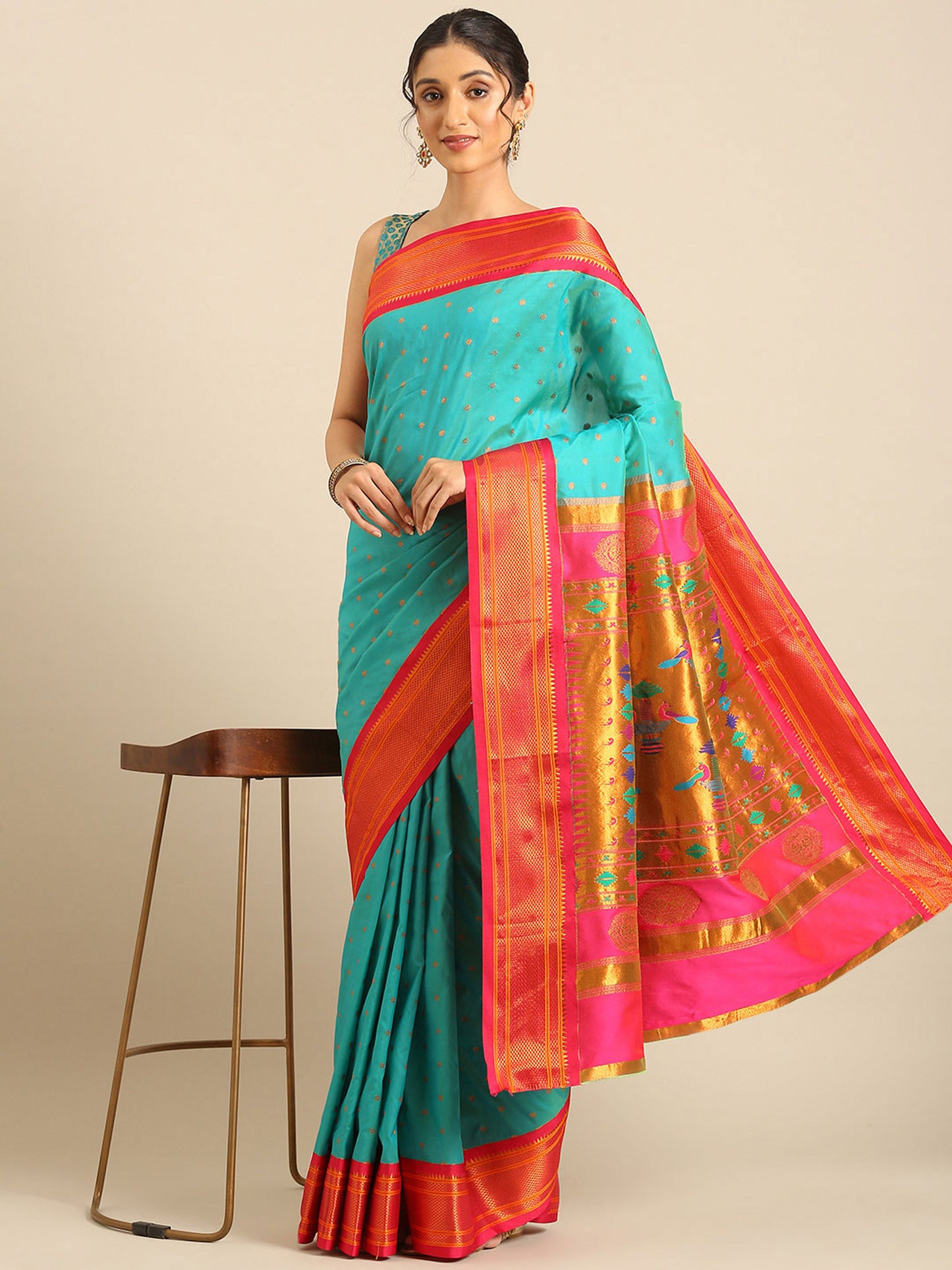 Rashmika Chintamani Blue & Pink Soft Silk Double Pallu Paithani Saree