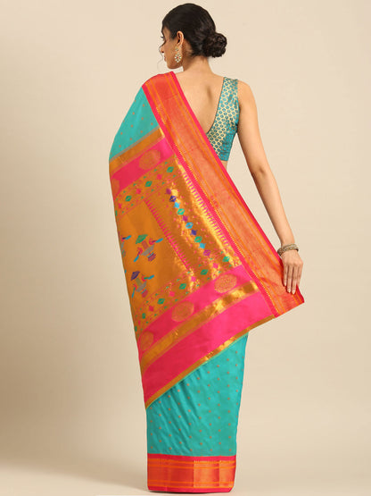 Rashmika Chintamani Blue & Pink Soft Silk Double Pallu Paithani Saree