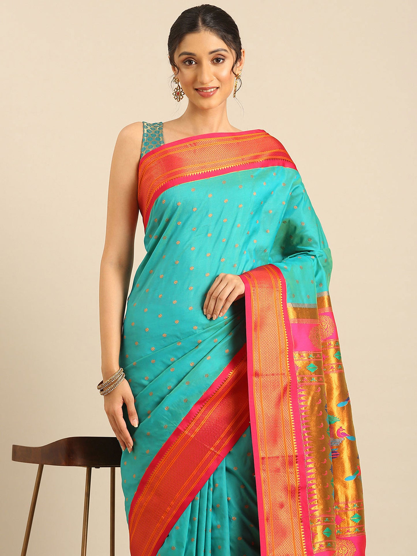 Rashmika Chintamani Blue & Pink Soft Silk Double Pallu Paithani Saree