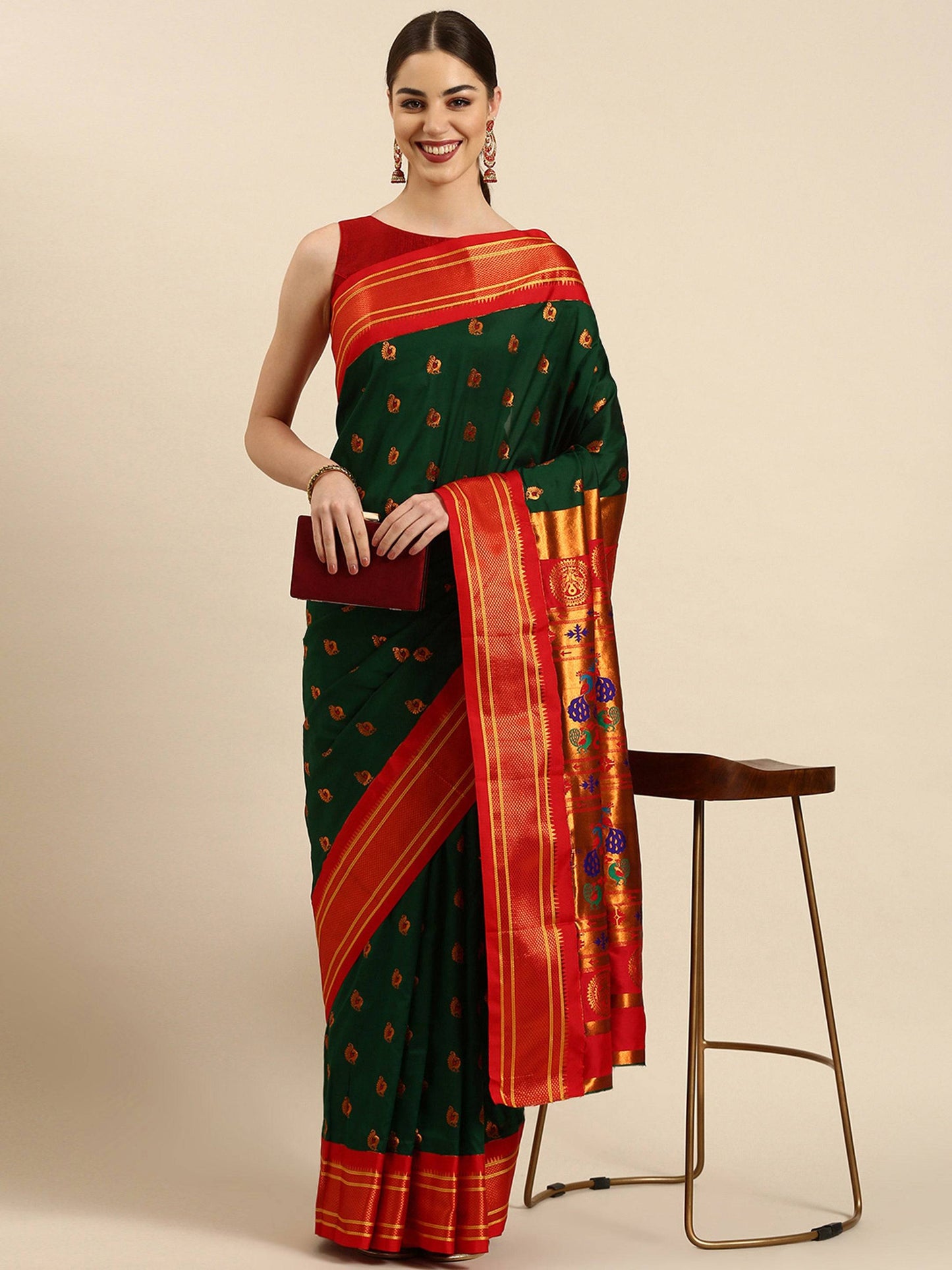            Usha Bottle Green & Red Soft Silk Maharani Paithani Saree     Varkala Silk Sarees