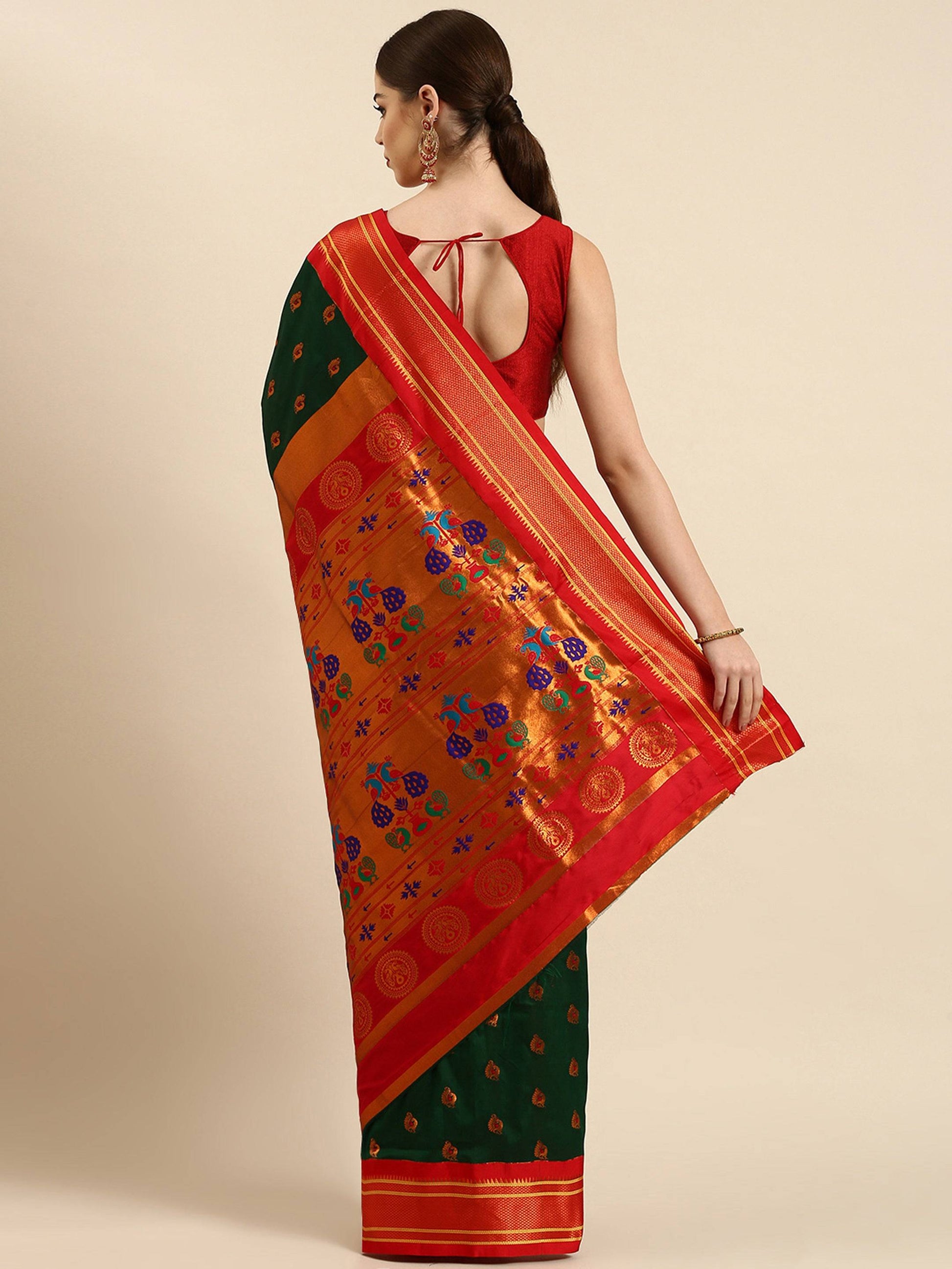            Usha Bottle Green & Red Soft Silk Maharani Paithani Saree     Varkala Silk Sarees