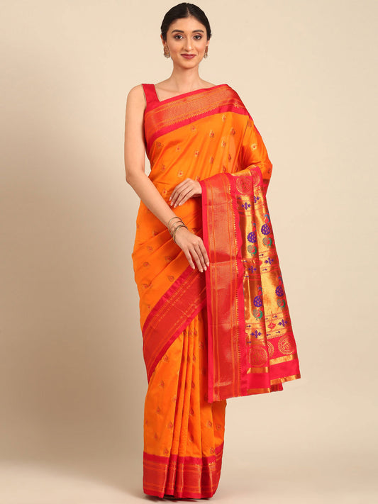 Usha Orange & Red Soft Silk Maharani Paithani Saree