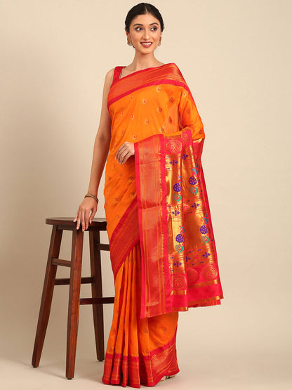Usha Orange & Red Soft Silk Maharani Paithani Saree