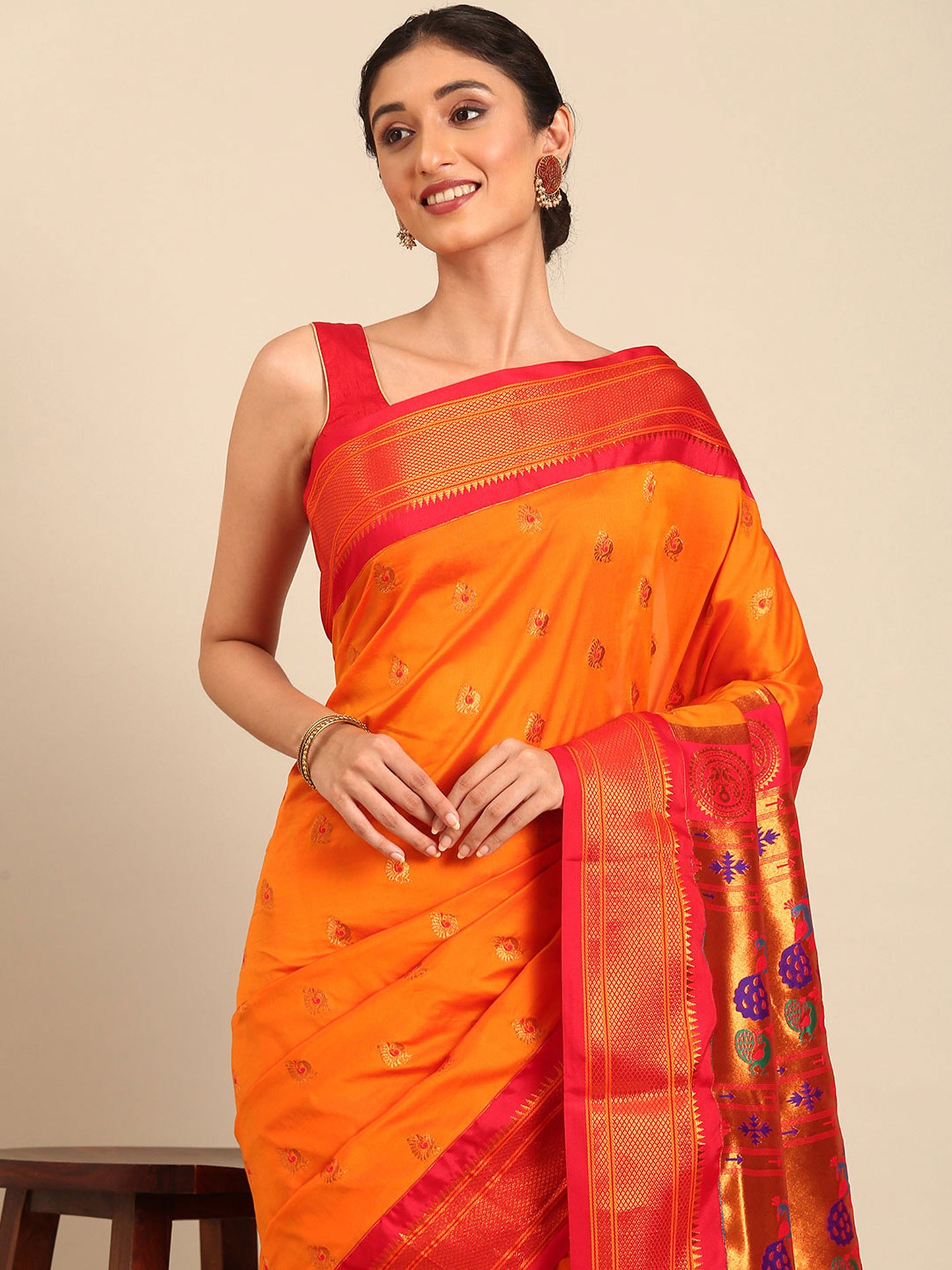 Usha Orange & Red Soft Silk Maharani Paithani Saree
