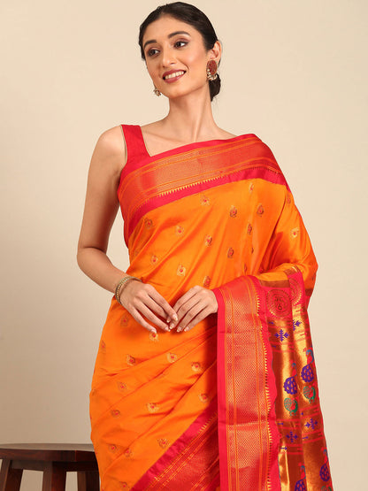 Usha Orange & Red Soft Silk Maharani Paithani Saree