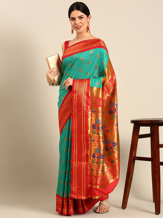            Usha Sea Green & Red Soft Silk Maharani Paithani Saree     Varkala Silk Sarees