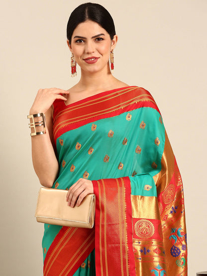 Usha Sea Green & Red Soft Silk Maharani Paithani Saree