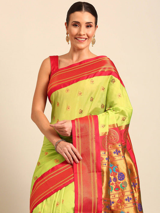            Usha Parrot Green & Red Soft Silk Maharani Paithani Saree     Varkala Silk Sarees